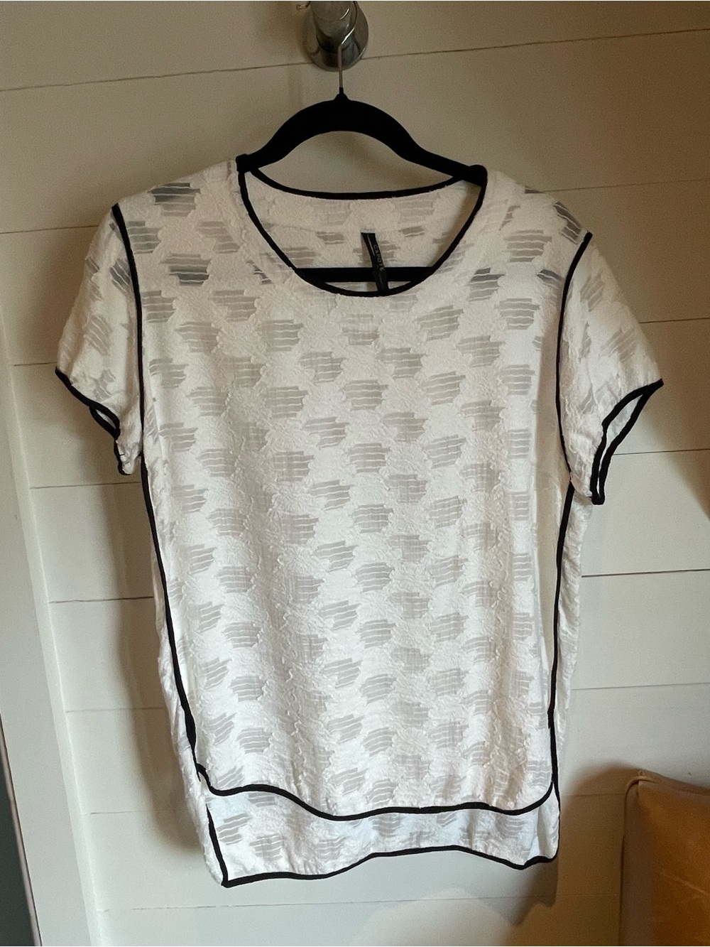 White Short Sleeve Textured Tee with Black Contrast Trim